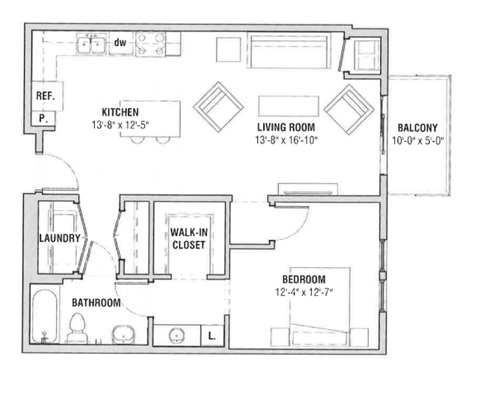 Floor plan for 1 bed, 1.3 baths, 767 sqft